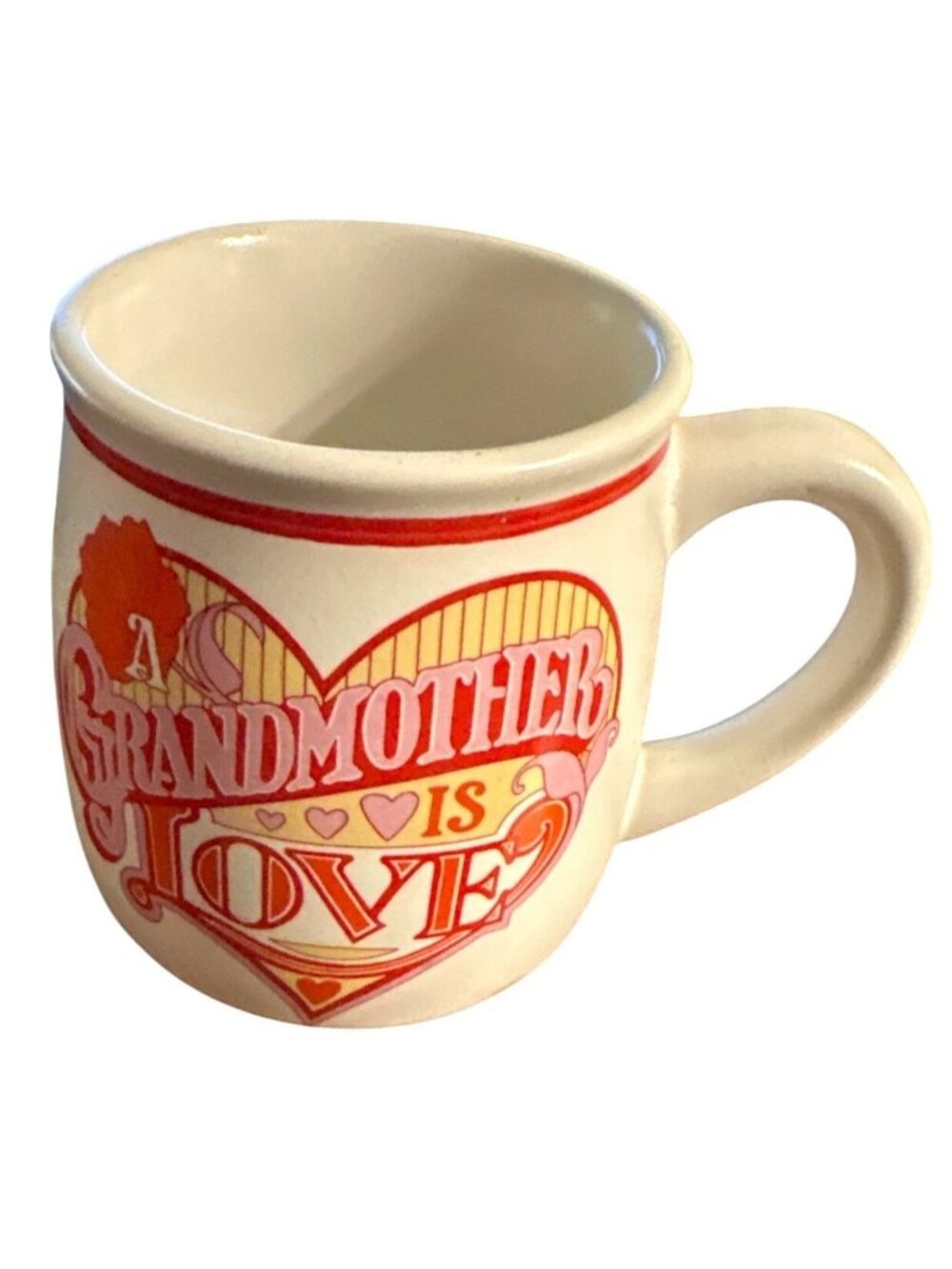Vintage A Grandmother Keepsake Stoneware Mug Heart Design Red Trim 13oz Designer